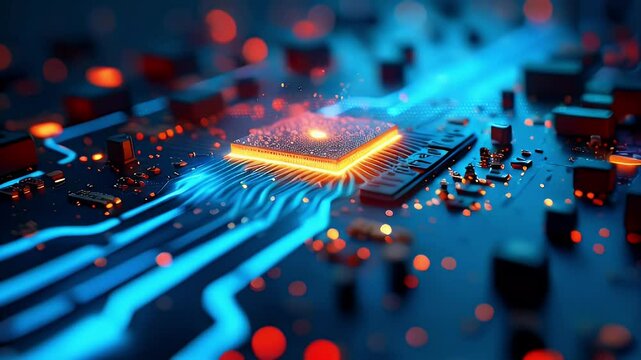 A close-up of a glowing microchip on a circuit board, showcasing technology and innovation.
