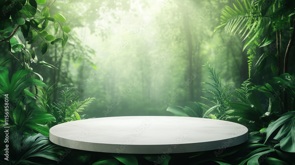 Poster lush green forest background with simple display platform for products