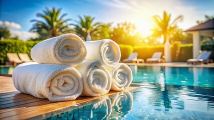 Obraz premium Luxurious Resort Poolside: Stacked Spa Towels Ready for Guests