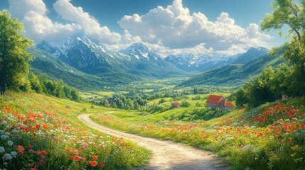 Mountain valley, wildflowers, houses, winding road, sunny day.