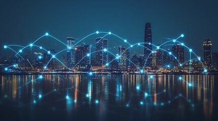 Smart digital Innovation city with connection network reciprocity over the cityscape. of future smart wireless digital city and social media networking systems that connects people with in city