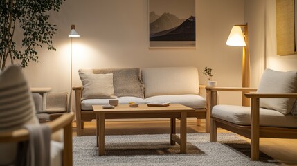 A Scandinavian living room with sleek wooden furniture, cozy neutral textiles, and soft modern lighting