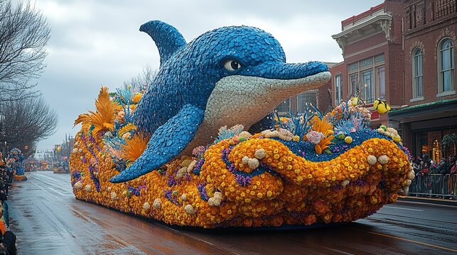 A vibrant parade float featuring a large dolphin surrounded by colorful floral decorations.