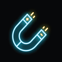 Blue neon icon of a magnet attracting positive charges and repelling negative charges