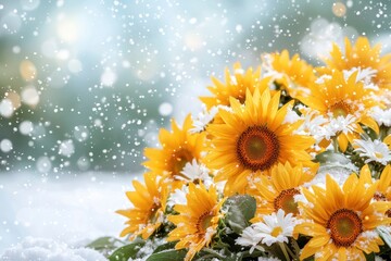 A Beautiful Scene of Sunflowers and Daisies Surrounded by Soft Snowflakes, Capturing the Contrast of Summer Florals Against a Wintery Background