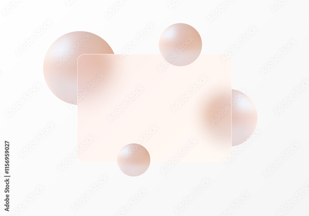 Poster glass morphism website landing page template. translucent glass partition with floating spheres.