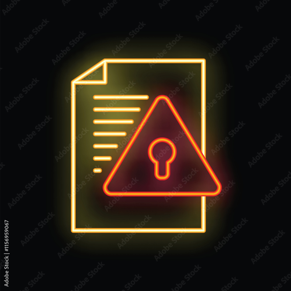 Poster neon sign depicting a document with a warning sign containing a keyhole, illustrating the concept of