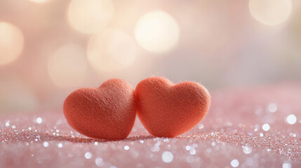 Obraz premium Two orange velvet hearts on sparkling glitter background for Valentine's Day themes