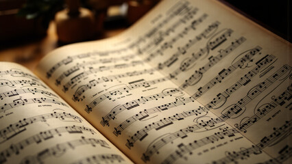 classical score elegantly displayed on a wooden stand with a violin beside it, embodying timeless beauty and complex orchestral artistry.