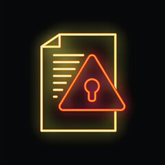 Neon sign depicting a document with a warning sign containing a keyhole, illustrating the concept of data security and encryption