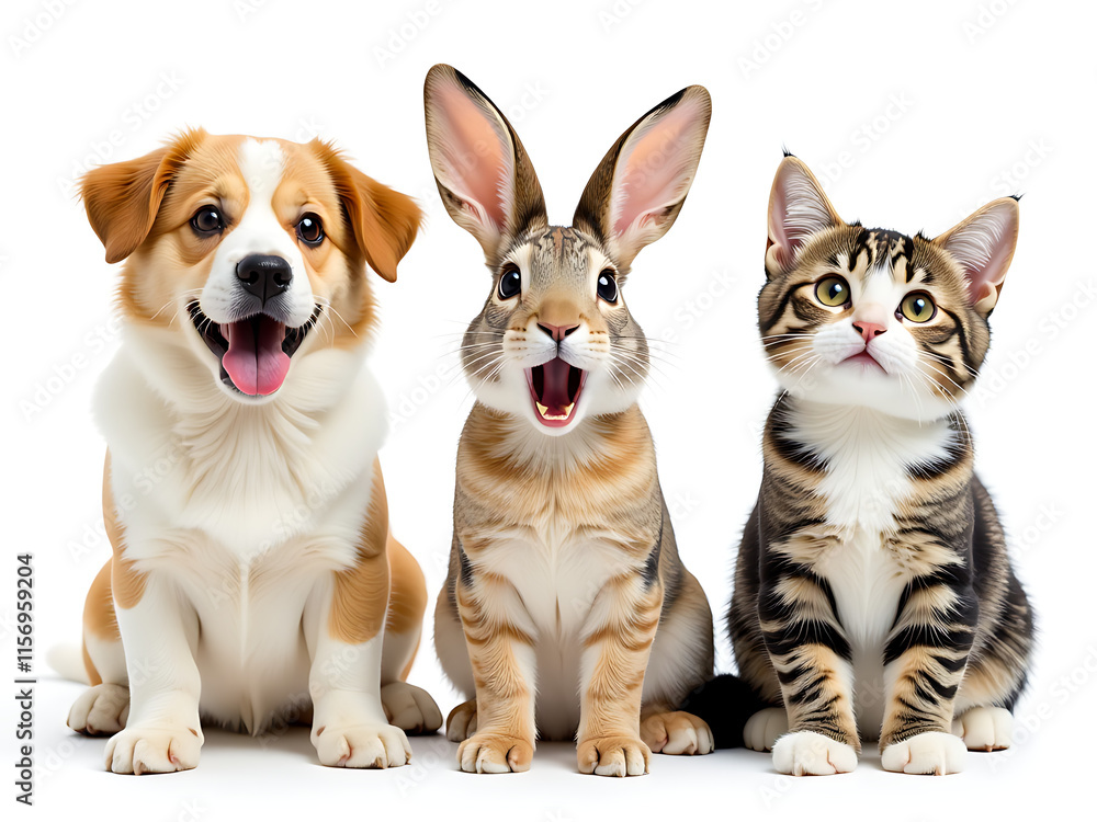 Poster three surprised animals including a dog, rabbit, and cat are isolated on a white background with tra