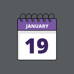 Purple and white calendar flat icon with specific day marking January 19st, calendar icon day 19.