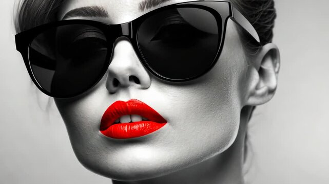 Woman with red lips and sunglasses is the main focus of the image. The photo is a black and white portrait of a woman with a bold red lip color. The sunglasses add a touch of glamour