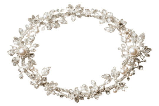 Elegant oval frame with pearl embellishments, Isolated on transparent background cut out