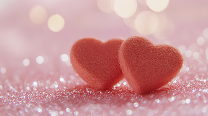 Obraz premium Two coral velvet hearts on sparkling glitter background for Valentine's Day celebration