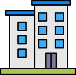 Simple illustration of a modern building with two sections, one shorter and one taller, featuring a flat blue roof, grey exterior, multiple windows, and a green base.