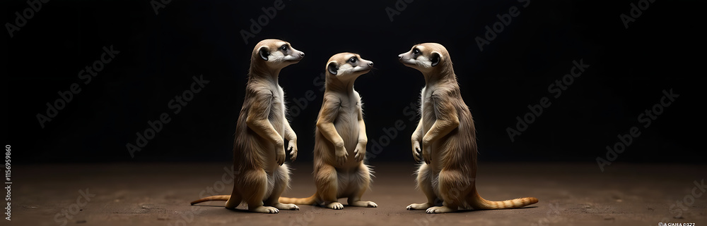 Poster Three Meerkats Stand And Gaze At One Another In Front Of A Dark Background With Ample Empty Space Nearby. 00001