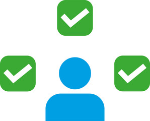 Blue icon of a person with three green checkmarks in white boxes surrounding it. The checkmarks are positioned above and to the sides, symbolizing approval or task completion.