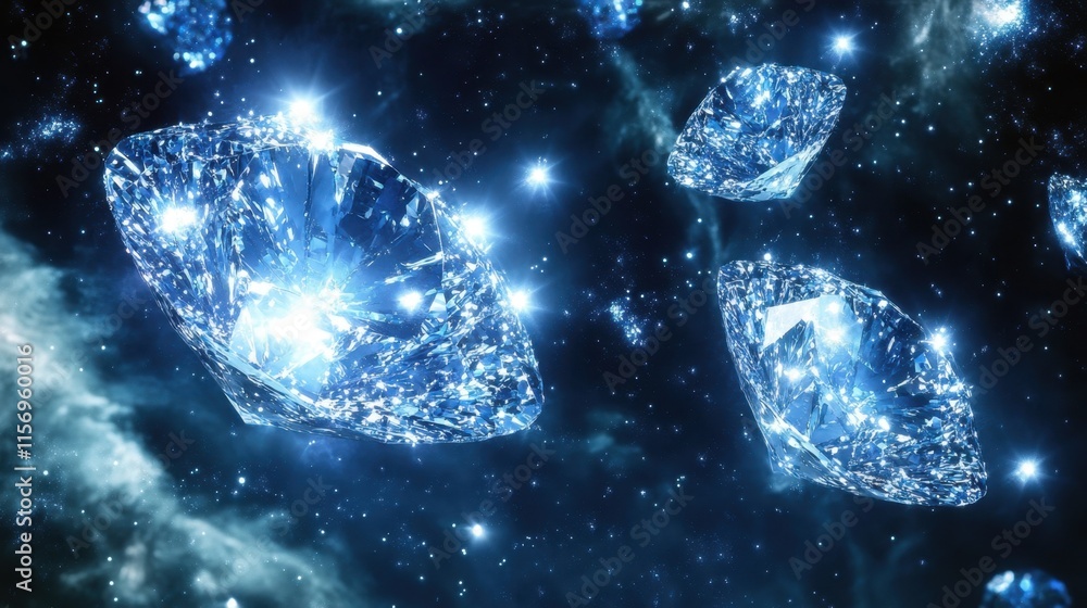 Poster shimmering diamonds floating in cosmic space with starry background