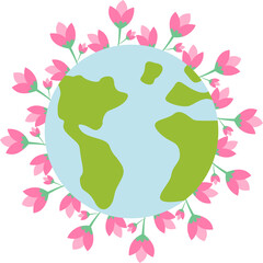 Stylized representation of Earth with green landmasses and blue oceans, surrounded by blooming pink flowers. A visual metaphor highlighting themes of environmentalism, nature, and global harmony.