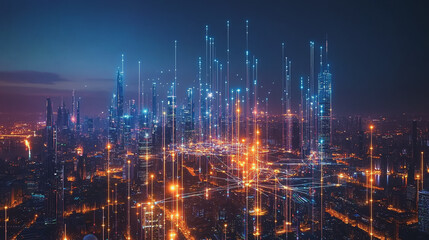 Fototapeta premium Smart digital Innovation city with connection network reciprocity over the cityscape. of future smart wireless digital city and social media networking systems that connects people with in city