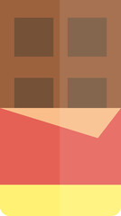 Partially wrapped chocolate bar with red and yellow packaging, revealing four rectangular segments of chocolate. The wrapper is folded back, exposing the glossy surface of the chocolate.