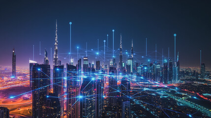 Fototapeta premium Smart digital Innovation city with connection network reciprocity over the cityscape. of future smart wireless digital city and social media networking systems that connects people with in city