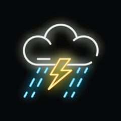 Neon sign illustrating a storm cloud producing a lightning strike and heavy rain on a black background