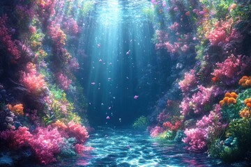 Vibrant underwater coral reef scene, sunlit.