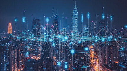 Fototapeta premium Smart digital Innovation city with connection network reciprocity over the cityscape. of future smart wireless digital city and social media networking systems that connects people with in city