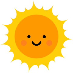 Cute cartoon representation of the sun with a smiling face, featuring black round eyes, rosy cheeks, and a simple curved mouth. The sun has an orange center and a bright yellow outer layer.