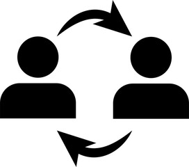 Two black silhouettes of individuals facing each other with curved arrows linking them, symbolizing communication, interaction, or cyclical exchange between two people.