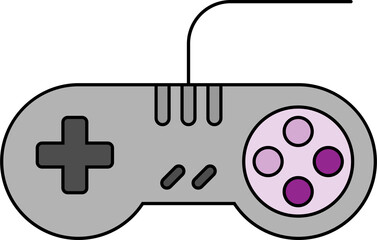 Gray video game controller with a black cord, featuring a directional pad, two center buttons, and four purple circular