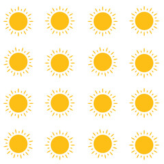 Grid of sixteen identical yellow sun icons arranged in four rows and four columns. Each sun has a circular center with rays extending outward in all directions, forming a consistent pattern.