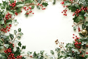 Festive Christmas Frame with Holly and Berries, Perfect for Seasonal Cards and Holiday Greetings, Featuring a Charming Border of Greenery and Berries