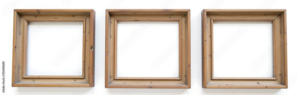 Poster three empty, weathered picture frames sit isolated on a plain white background, awaiting new content