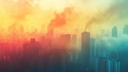 Fototapeta premium Smog-filled city skyline at sunset.