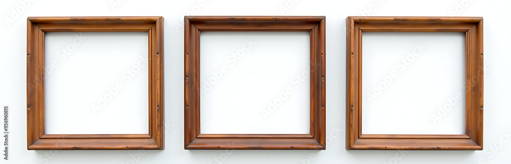 Poster three empty, weathered picture frames sit isolated on a plain white background, awaiting new content
