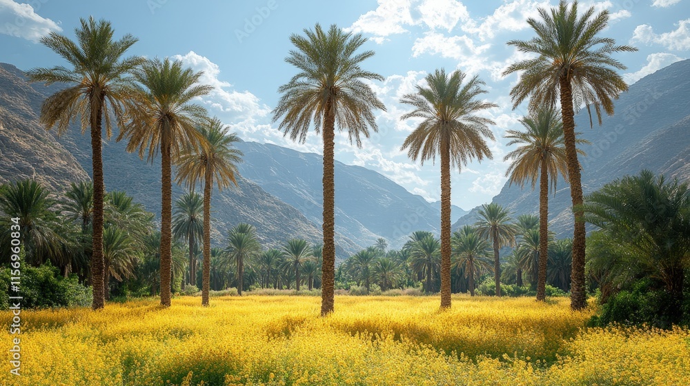 Poster scenic view of palm trees in a yellow flower field with mountains in the background under a bright s