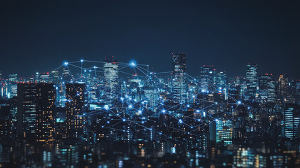 Fototapeta premium Smart digital Innovation city with connection network reciprocity over the cityscape. of future smart wireless digital city and social media networking systems that connects people with in city