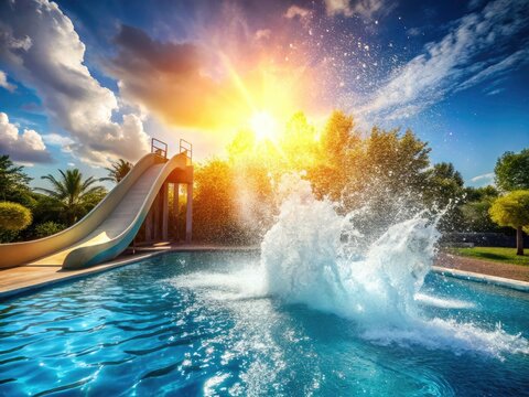 Water Park Fun: Pool Slide Splash, Kids Summer Activities, Aquatic Recreation, Swimming Pool Photography