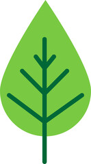 Stylized illustration of a green leaf with a pointed tip and rounded base. The leaf features a vertical dark green stem at its center, along with symmetrical dark green veins branching out, resembling
