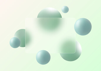 Glass morphism website landing page template. Translucent glass partition with floating spheres.