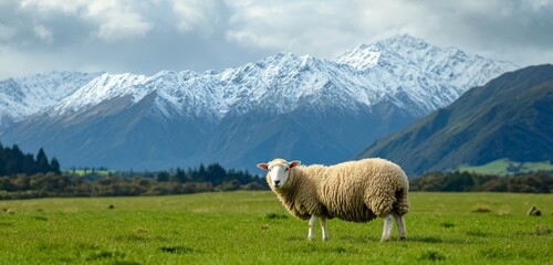 Fototapeta premium A fluffy sheep grazing peacefully in a meadow with a stunning scenic mountain backdrop