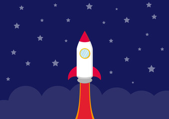 Cartoon-style rocket ship launching into space, featuring a white body with red accents, including a red nose cone and red fins. The rocket has a yellow circular window, and emits a bright orange and 