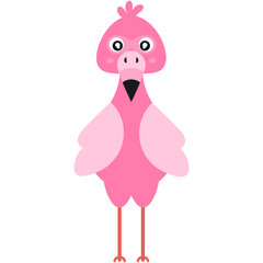 Cartoon-style illustration of a pink bird with a rounded head, a small crest on top, and a triangular black beak. The bird has large white-pupilled eyes, lighter pink wings, and a light pink chest, st