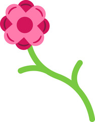 Illustration of a simple flower with six pink petals surrounding a circular center that transitions between pink and dark pink. The stem is green and features two small branches, creating a balanced a