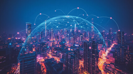 Obraz premium Smart digital Innovation city with connection network reciprocity over the cityscape. of future smart wireless digital city and social media networking systems that connects people with in city