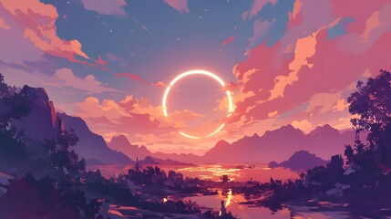 Anime-style sunset landscape with vibrant colors and captivating eclipse elements