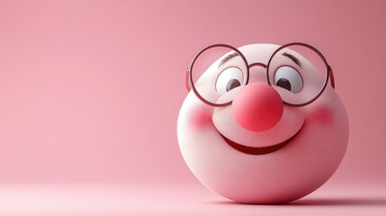 Happy pink cartoon face with glasses and red nose on pink background.